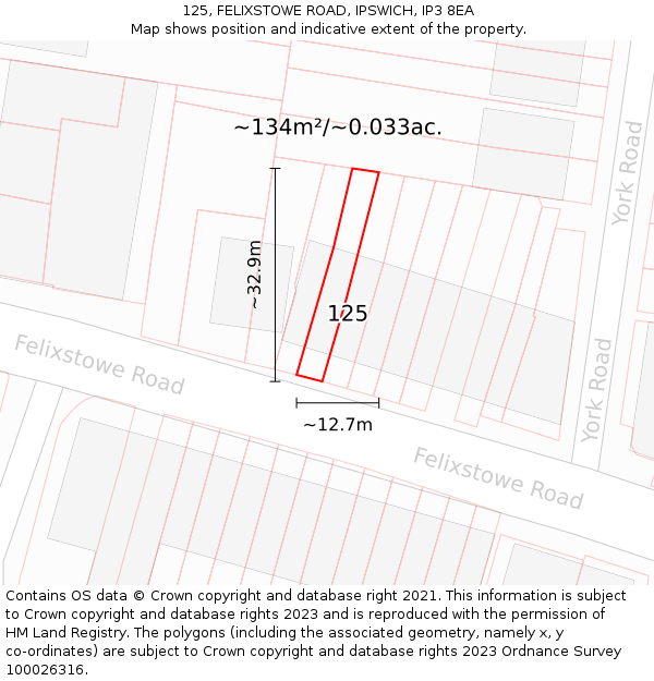 125, FELIXSTOWE ROAD, IPSWICH, IP3 8EA: Plot and title map