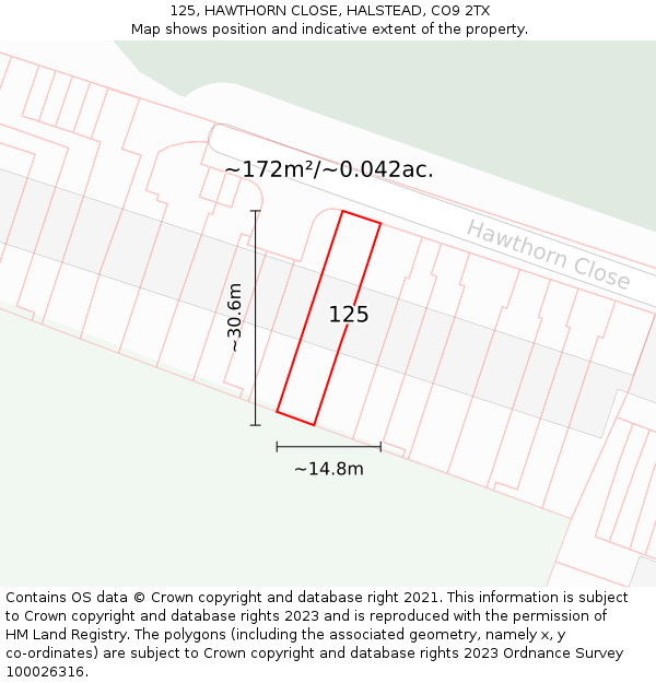 125, HAWTHORN CLOSE, HALSTEAD, CO9 2TX: Plot and title map