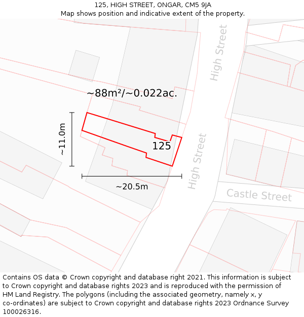 125, HIGH STREET, ONGAR, CM5 9JA: Plot and title map