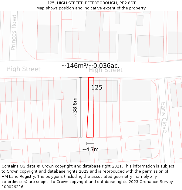 125, HIGH STREET, PETERBOROUGH, PE2 8DT: Plot and title map