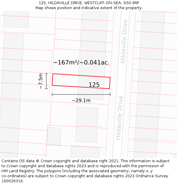 125, HILDAVILLE DRIVE, WESTCLIFF-ON-SEA, SS0 9RP: Plot and title map