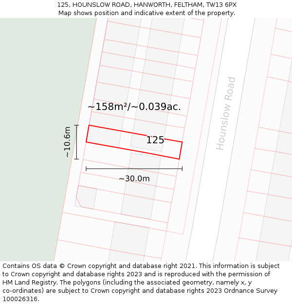 125, HOUNSLOW ROAD, HANWORTH, FELTHAM, TW13 6PX: Plot and title map