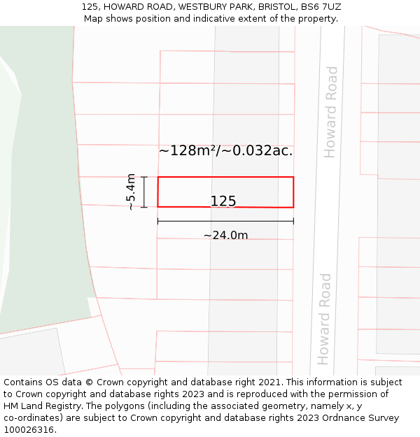 125, HOWARD ROAD, WESTBURY PARK, BRISTOL, BS6 7UZ: Plot and title map