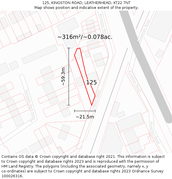 125, KINGSTON ROAD, LEATHERHEAD, KT22 7NT: Plot and title map