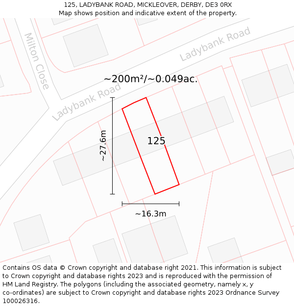 125, LADYBANK ROAD, MICKLEOVER, DERBY, DE3 0RX: Plot and title map