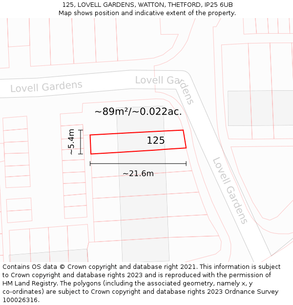 125, LOVELL GARDENS, WATTON, THETFORD, IP25 6UB: Plot and title map