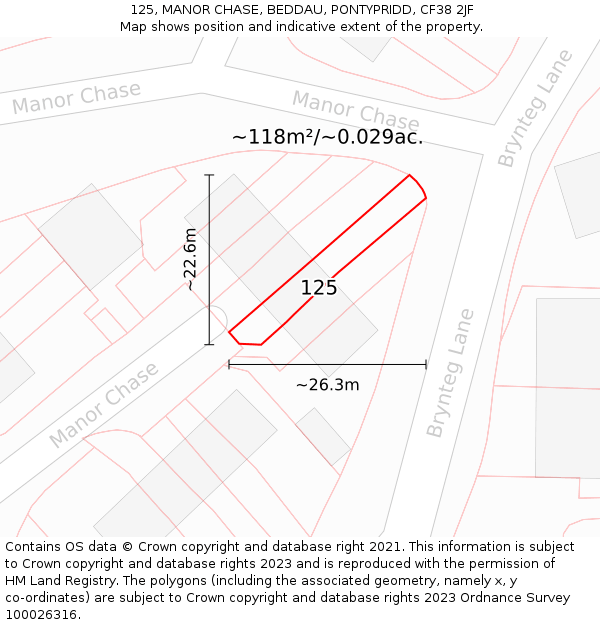 125, MANOR CHASE, BEDDAU, PONTYPRIDD, CF38 2JF: Plot and title map