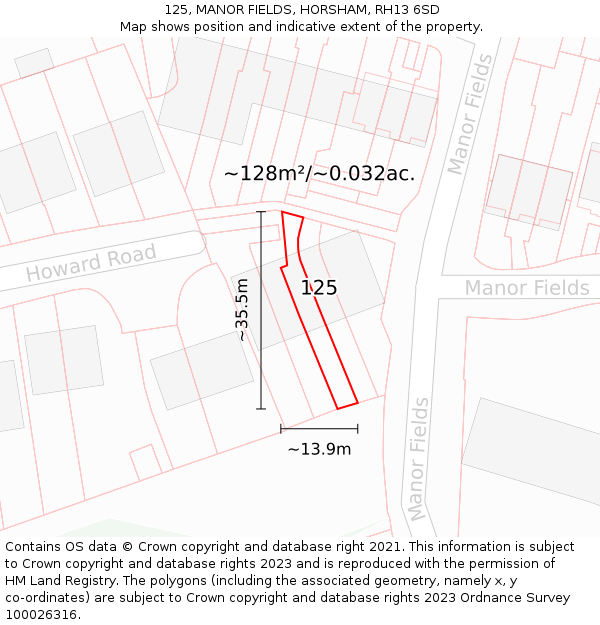 125, MANOR FIELDS, HORSHAM, RH13 6SD: Plot and title map