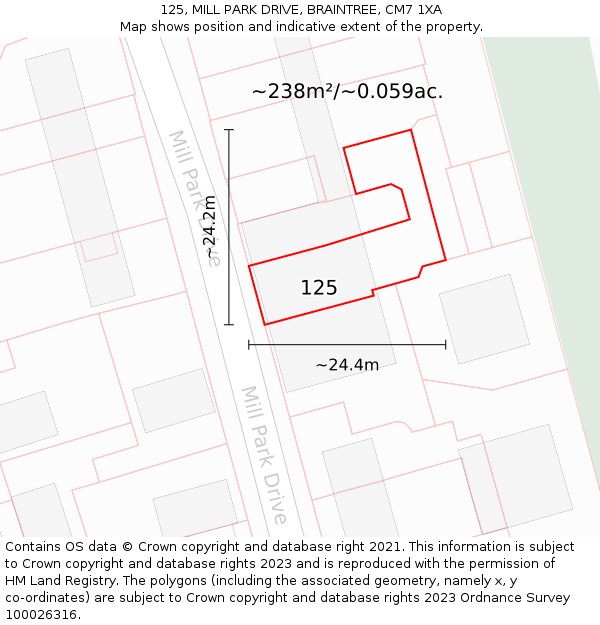 125, MILL PARK DRIVE, BRAINTREE, CM7 1XA: Plot and title map