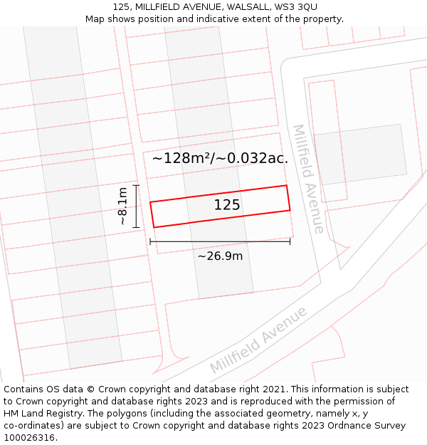 125, MILLFIELD AVENUE, WALSALL, WS3 3QU: Plot and title map