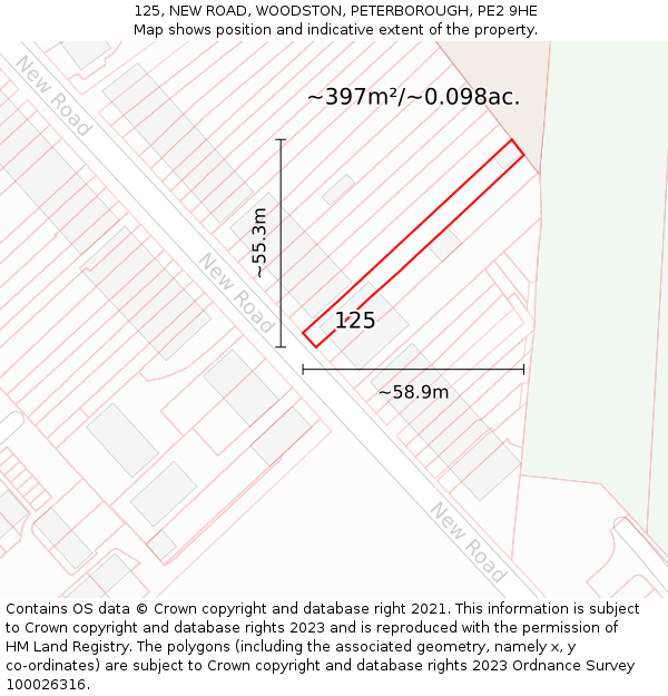 125, NEW ROAD, WOODSTON, PETERBOROUGH, PE2 9HE: Plot and title map