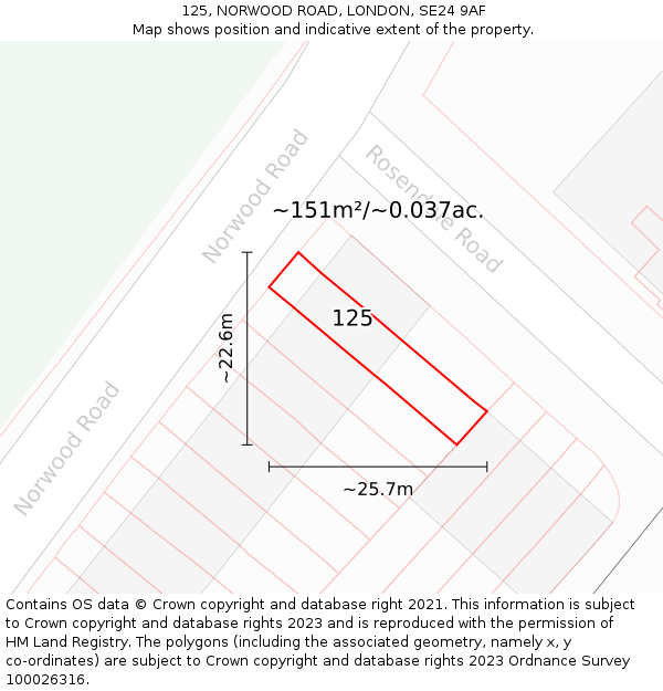 125, NORWOOD ROAD, LONDON, SE24 9AF: Plot and title map
