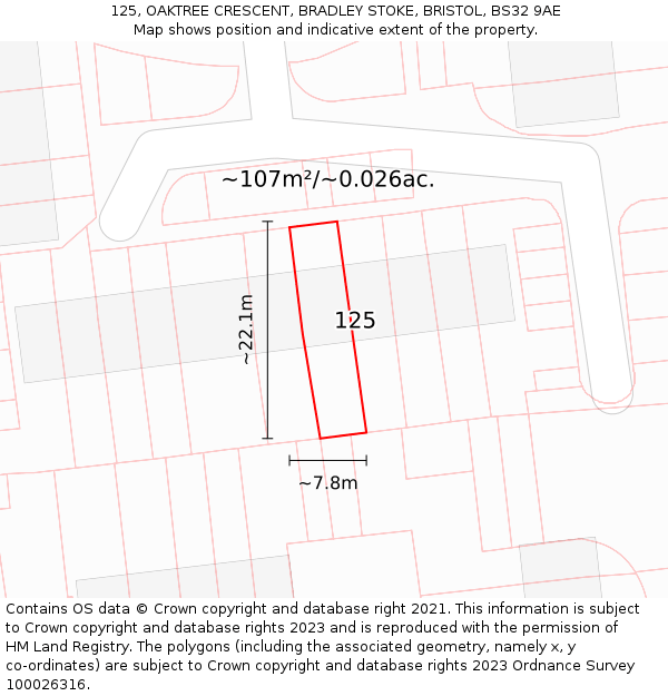 125, OAKTREE CRESCENT, BRADLEY STOKE, BRISTOL, BS32 9AE: Plot and title map
