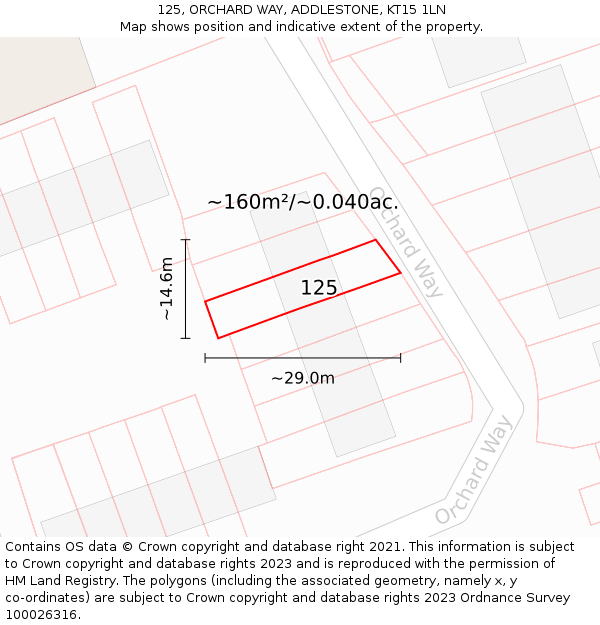 125, ORCHARD WAY, ADDLESTONE, KT15 1LN: Plot and title map