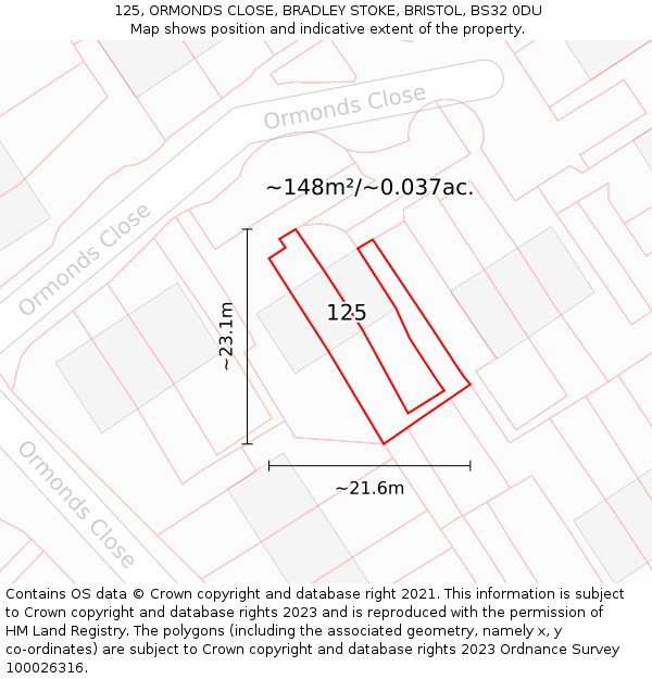 125, ORMONDS CLOSE, BRADLEY STOKE, BRISTOL, BS32 0DU: Plot and title map