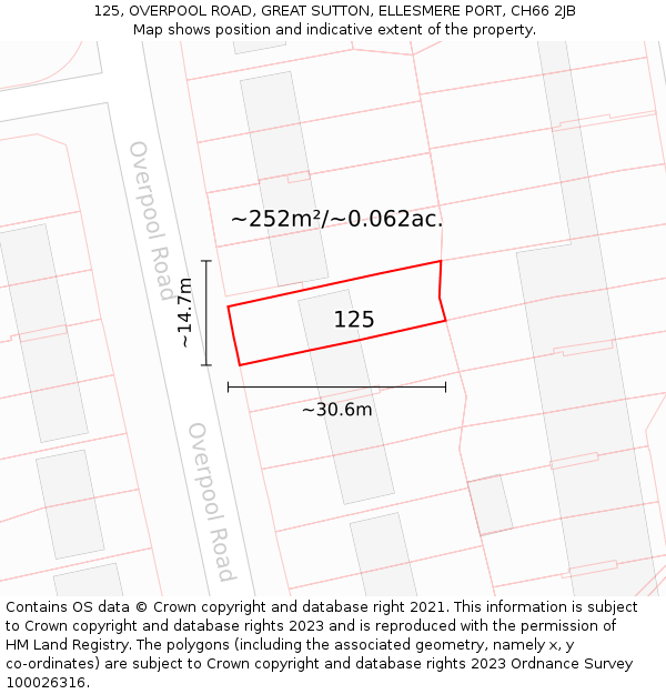 125, OVERPOOL ROAD, GREAT SUTTON, ELLESMERE PORT, CH66 2JB: Plot and title map
