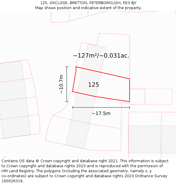 125, OXCLOSE, BRETTON, PETERBOROUGH, PE3 8JY: Plot and title map