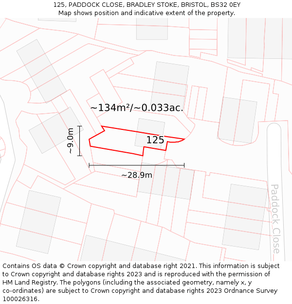 125, PADDOCK CLOSE, BRADLEY STOKE, BRISTOL, BS32 0EY: Plot and title map
