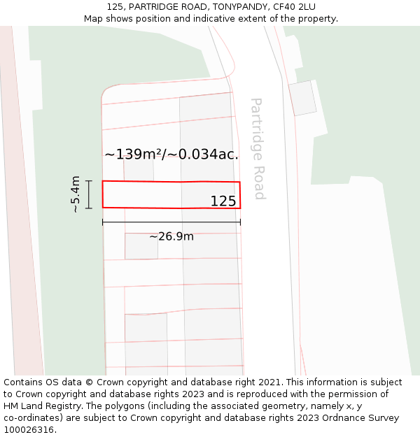 125, PARTRIDGE ROAD, TONYPANDY, CF40 2LU: Plot and title map