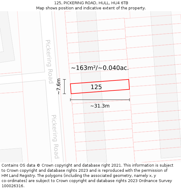 125, PICKERING ROAD, HULL, HU4 6TB: Plot and title map