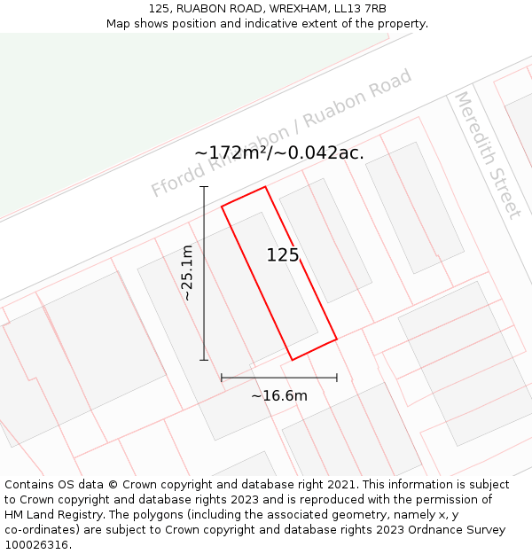 125, RUABON ROAD, WREXHAM, LL13 7RB: Plot and title map