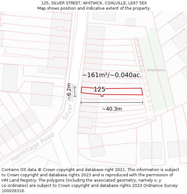 125, SILVER STREET, WHITWICK, COALVILLE, LE67 5EX: Plot and title map