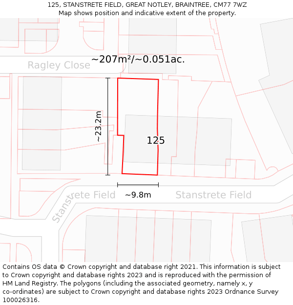 125, STANSTRETE FIELD, GREAT NOTLEY, BRAINTREE, CM77 7WZ: Plot and title map