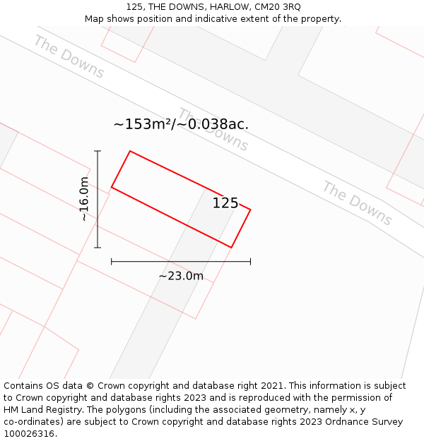 125, THE DOWNS, HARLOW, CM20 3RQ: Plot and title map