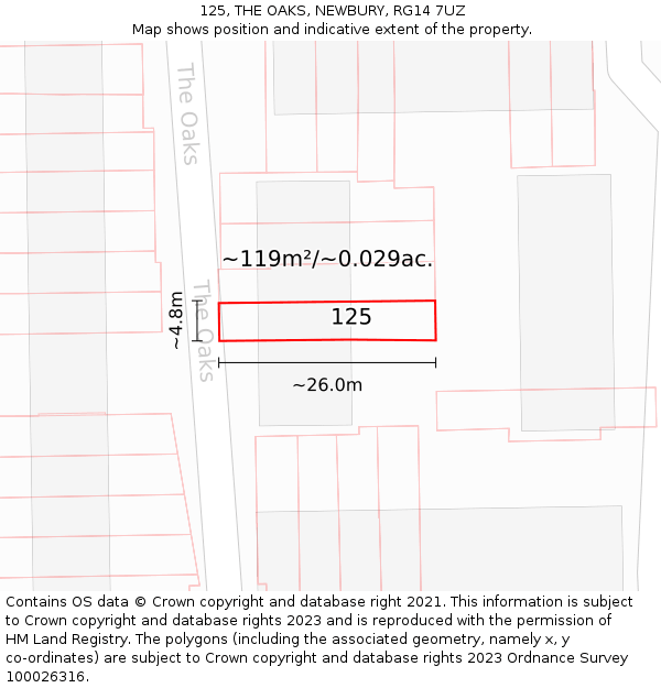 125, THE OAKS, NEWBURY, RG14 7UZ: Plot and title map