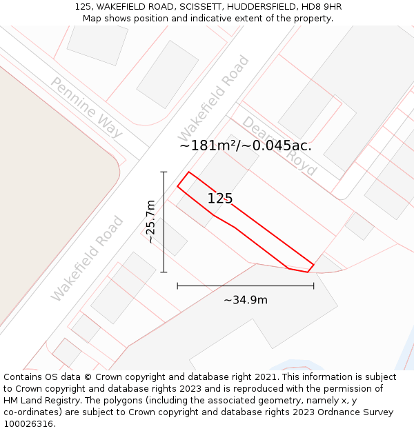 125, WAKEFIELD ROAD, SCISSETT, HUDDERSFIELD, HD8 9HR: Plot and title map