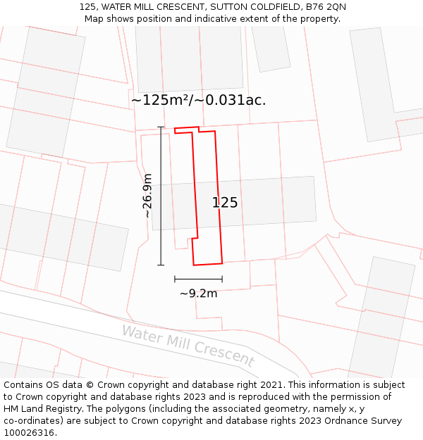 125, WATER MILL CRESCENT, SUTTON COLDFIELD, B76 2QN: Plot and title map