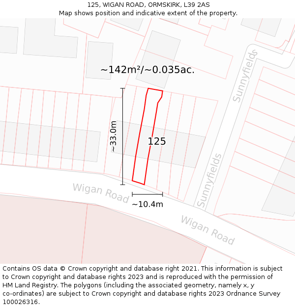 125, WIGAN ROAD, ORMSKIRK, L39 2AS: Plot and title map