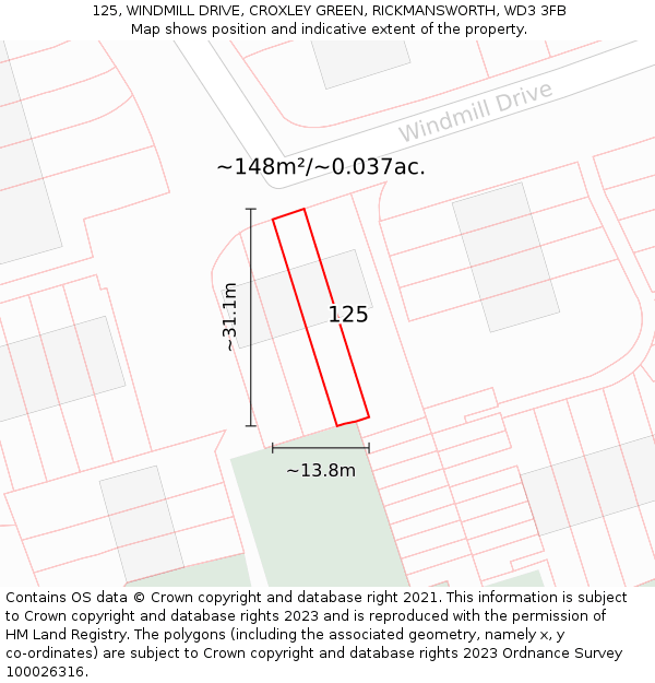 125, WINDMILL DRIVE, CROXLEY GREEN, RICKMANSWORTH, WD3 3FB: Plot and title map