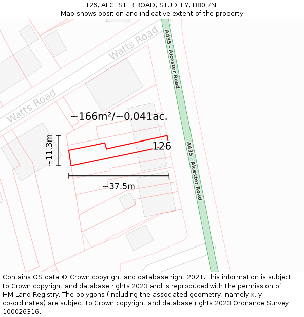 126, ALCESTER ROAD, STUDLEY, B80 7NT: Plot and title map