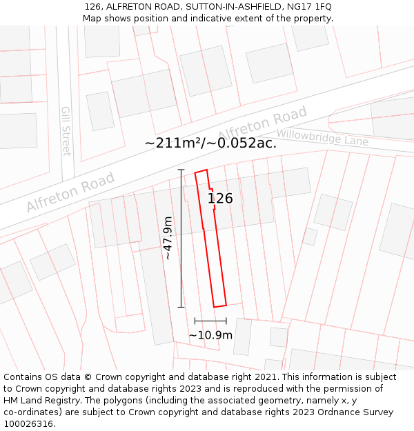 126, ALFRETON ROAD, SUTTON-IN-ASHFIELD, NG17 1FQ: Plot and title map