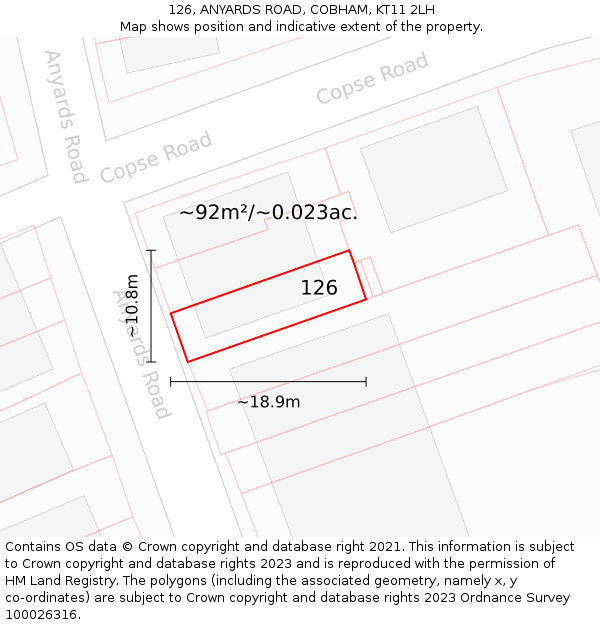 126, ANYARDS ROAD, COBHAM, KT11 2LH: Plot and title map