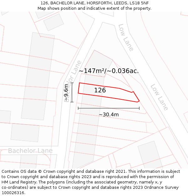 126, BACHELOR LANE, HORSFORTH, LEEDS, LS18 5NF: Plot and title map