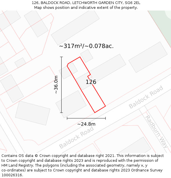 126, BALDOCK ROAD, LETCHWORTH GARDEN CITY, SG6 2EL: Plot and title map