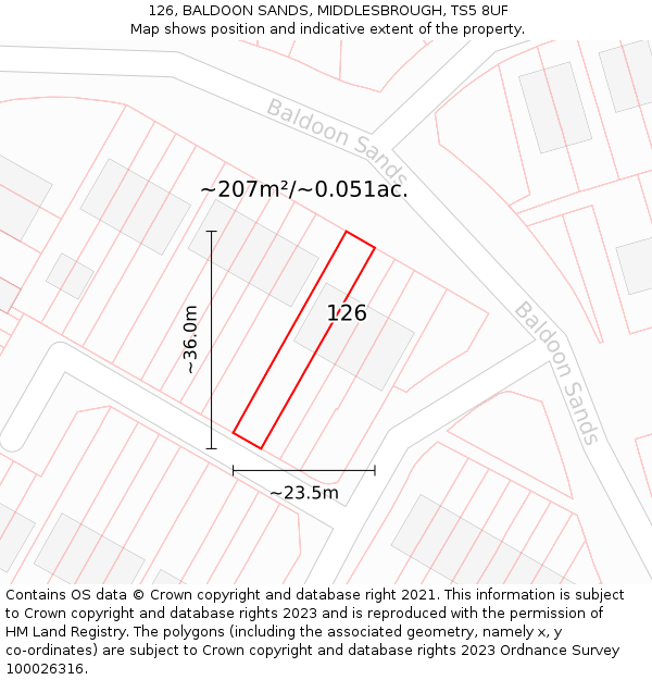 126, BALDOON SANDS, MIDDLESBROUGH, TS5 8UF: Plot and title map