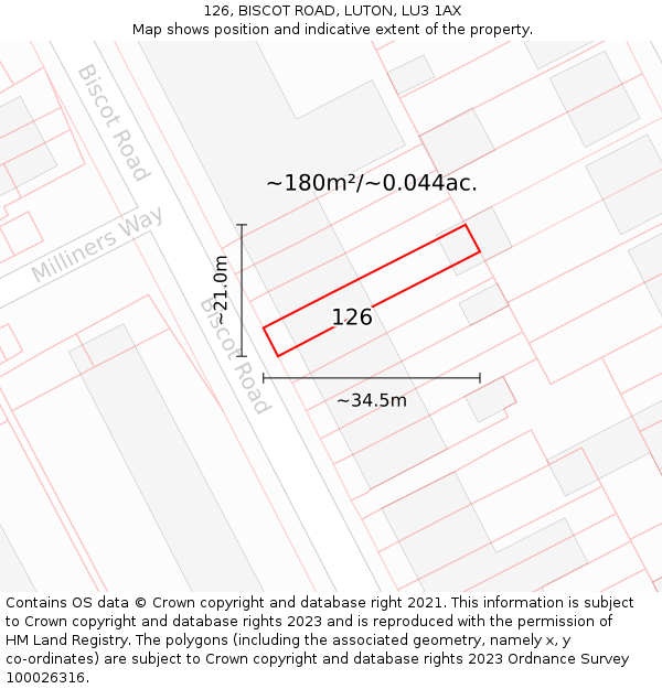 126, BISCOT ROAD, LUTON, LU3 1AX: Plot and title map