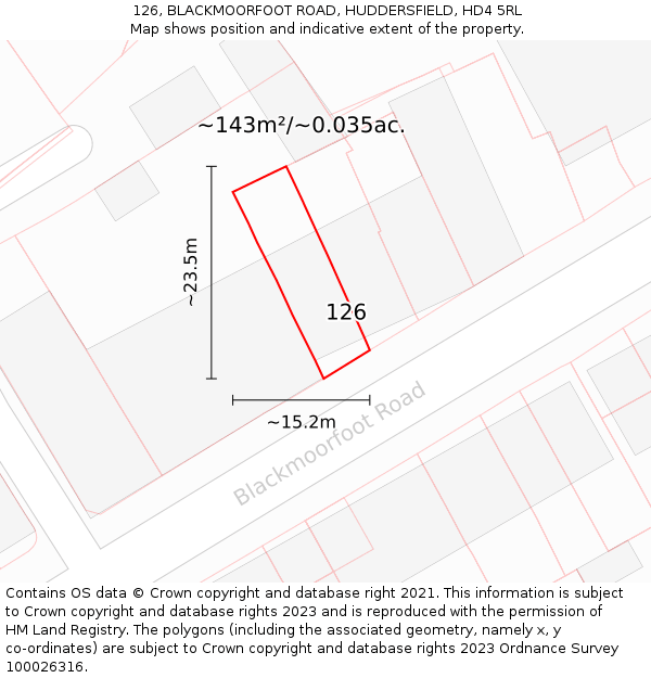 126, BLACKMOORFOOT ROAD, HUDDERSFIELD, HD4 5RL: Plot and title map