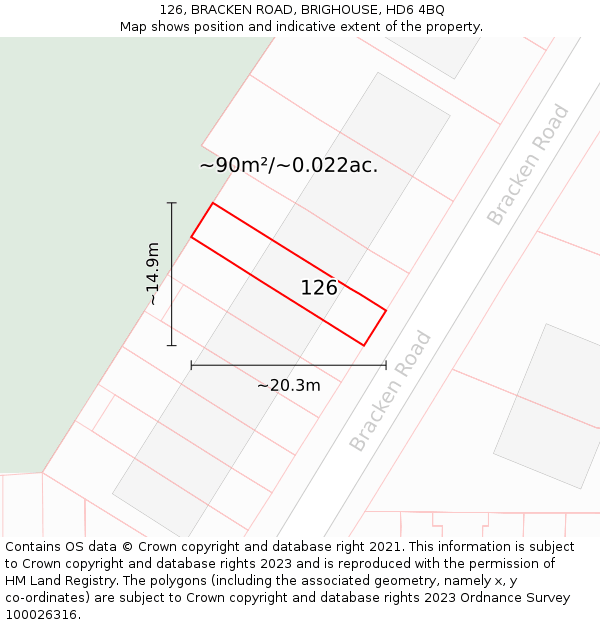 126, BRACKEN ROAD, BRIGHOUSE, HD6 4BQ: Plot and title map