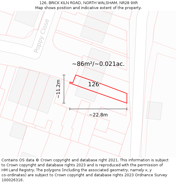 126, BRICK KILN ROAD, NORTH WALSHAM, NR28 9XR: Plot and title map