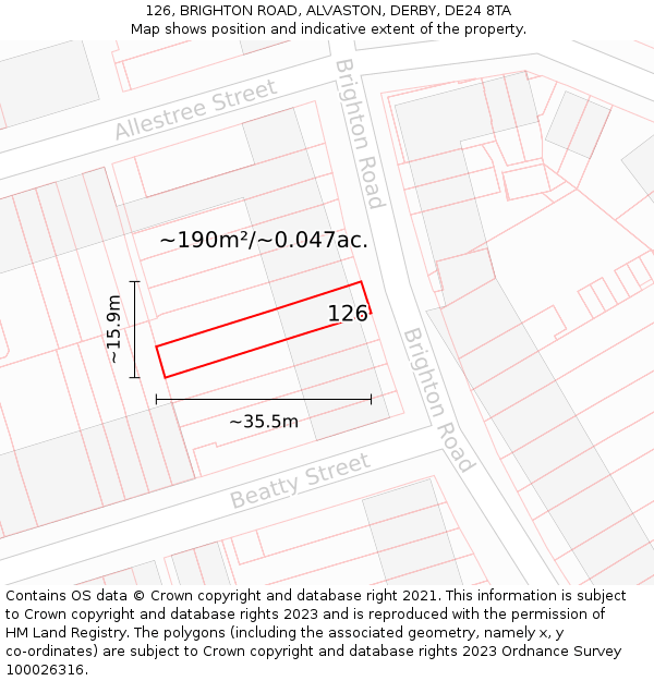 126, BRIGHTON ROAD, ALVASTON, DERBY, DE24 8TA: Plot and title map