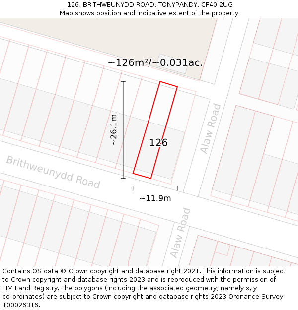 126, BRITHWEUNYDD ROAD, TONYPANDY, CF40 2UG: Plot and title map