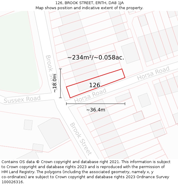 126, BROOK STREET, ERITH, DA8 1JA: Plot and title map