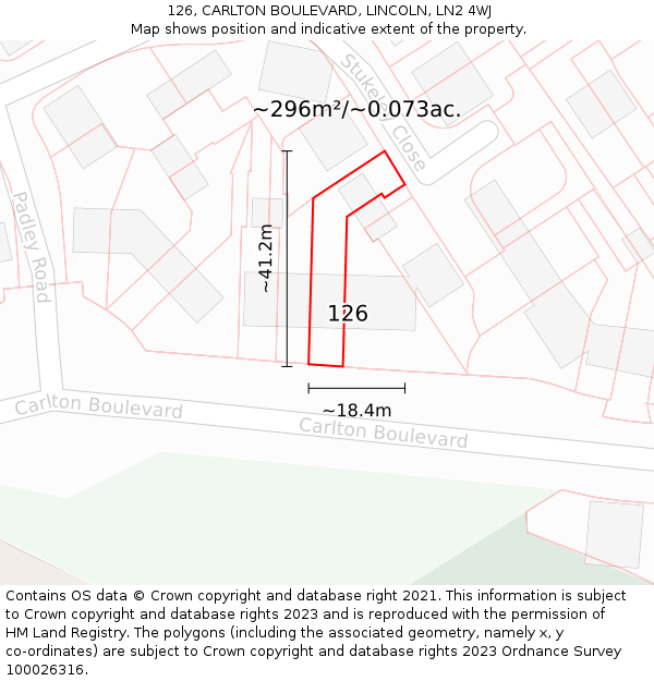 126, CARLTON BOULEVARD, LINCOLN, LN2 4WJ: Plot and title map