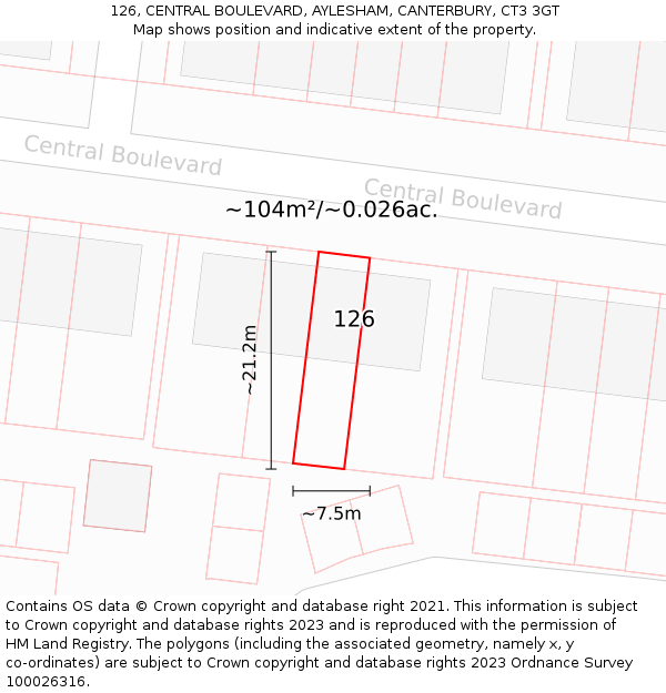 126, CENTRAL BOULEVARD, AYLESHAM, CANTERBURY, CT3 3GT: Plot and title map