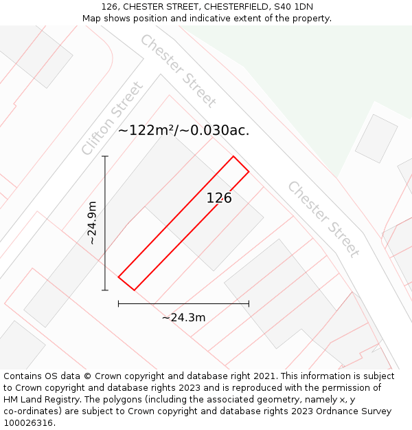 126, CHESTER STREET, CHESTERFIELD, S40 1DN: Plot and title map