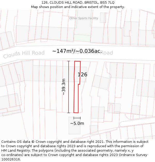 126, CLOUDS HILL ROAD, BRISTOL, BS5 7LQ: Plot and title map